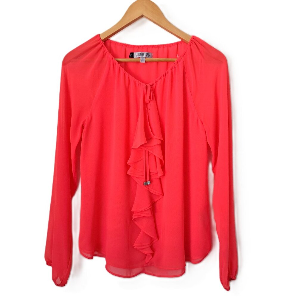 Jennifer Lopez Women Ruffle Top Long Sleeve Size XS Electric Red/Orange Color